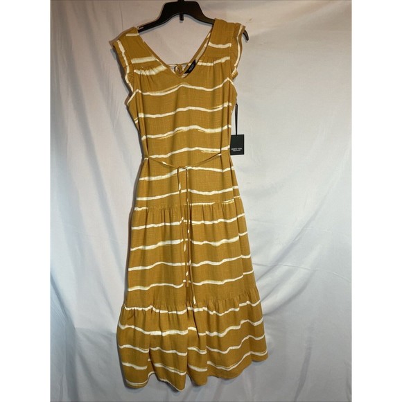 Simply Vera Vera Wang Women size Sm Tiered Midi Dress  Gold Stripe With Lining - Picture 1 of 13